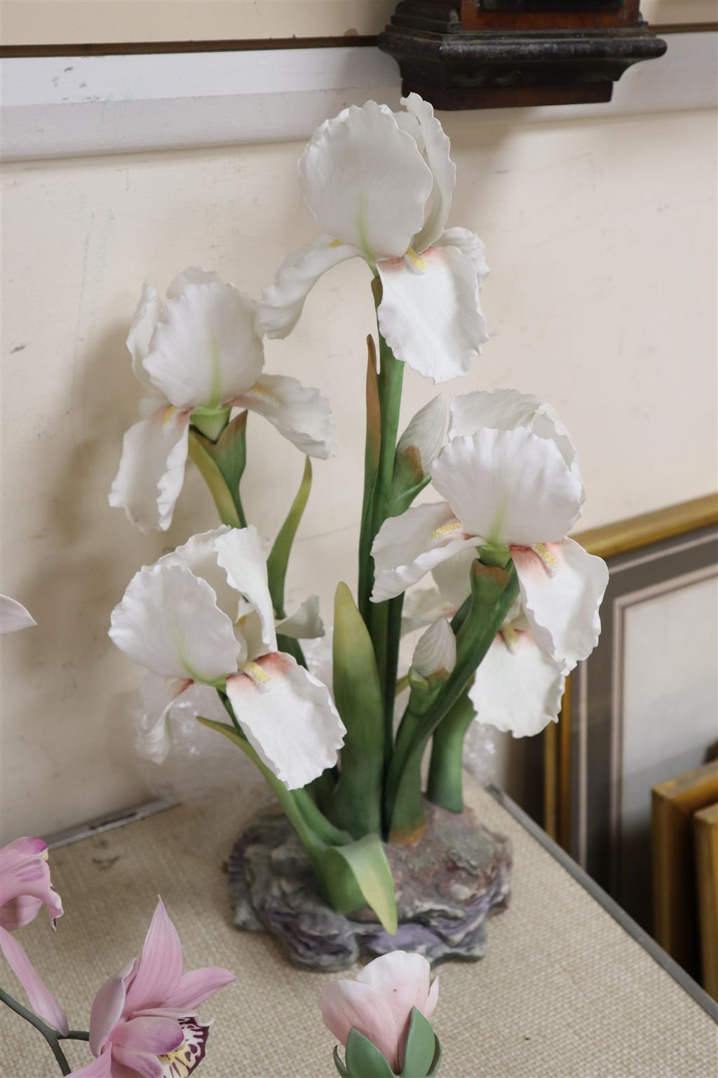Three Boehm flower groups - no.85 Chrysanthemum and Blossom, Pink Peony centrepiece and Iris silver shower, and a Cymbidium Orchid